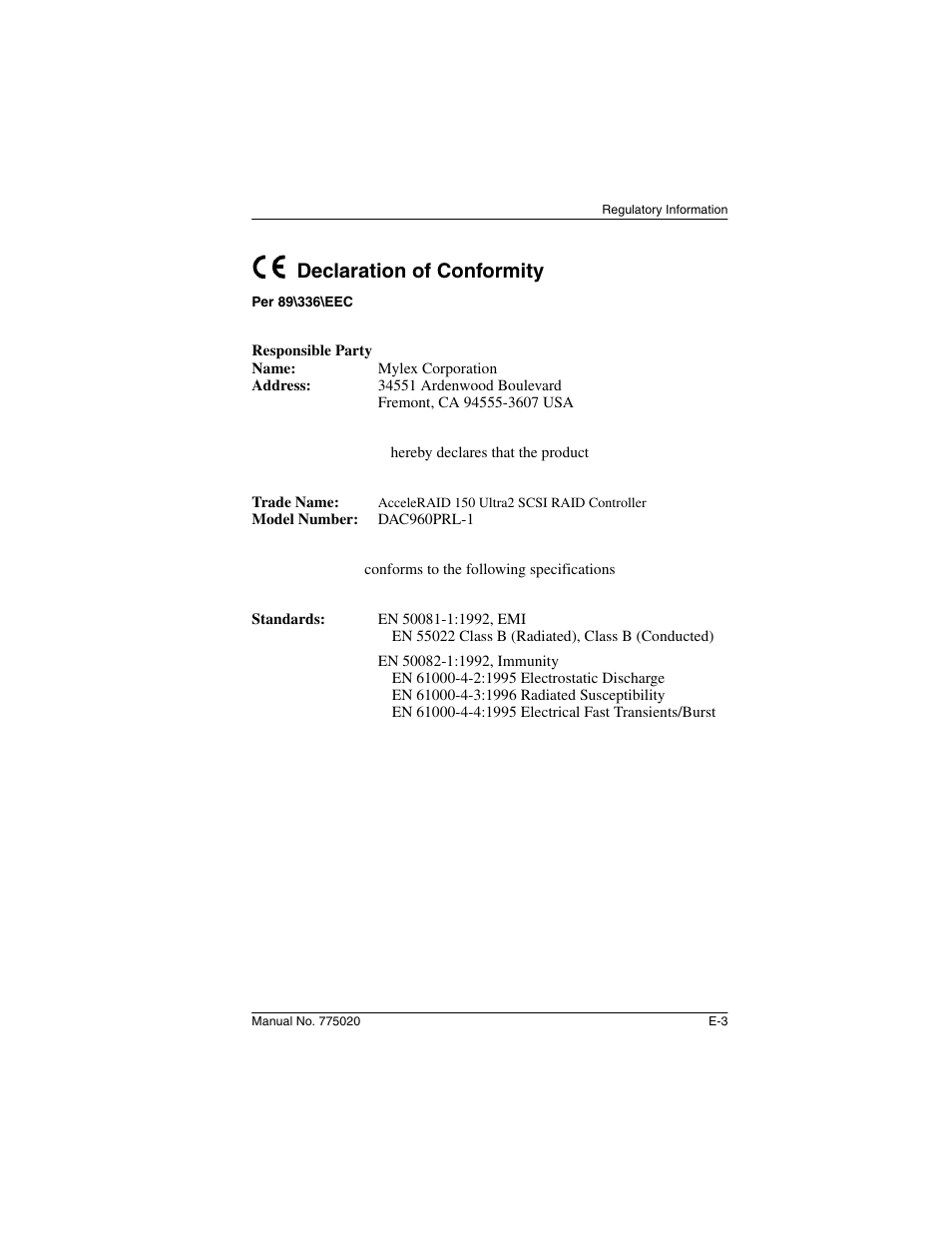 Declaration of conformity | Avago Technologies AcceleRAID 150 User Manual | Page 67 / 102