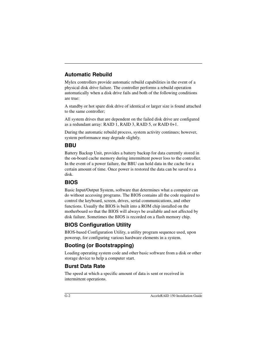 Automatic rebuild, Bios, Bios configuration utility | Booting (or bootstrapping), Burst data rate | Avago Technologies AcceleRAID 150 User Manual | Page 72 / 102