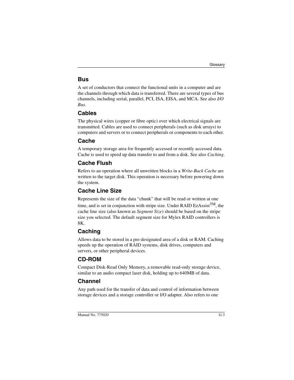 Cables, Cache, Cache flush | Cache line size, Caching, Cd-rom, Channel | Avago Technologies AcceleRAID 150 User Manual | Page 73 / 102