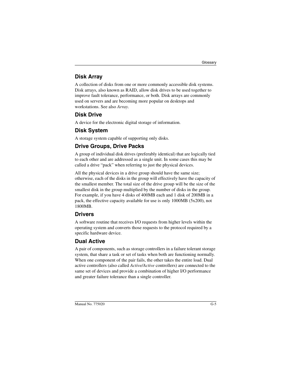 Disk array, Disk drive, Disk system | Drive groups, drive packs, Drivers, Dual active | Avago Technologies AcceleRAID 150 User Manual | Page 75 / 102