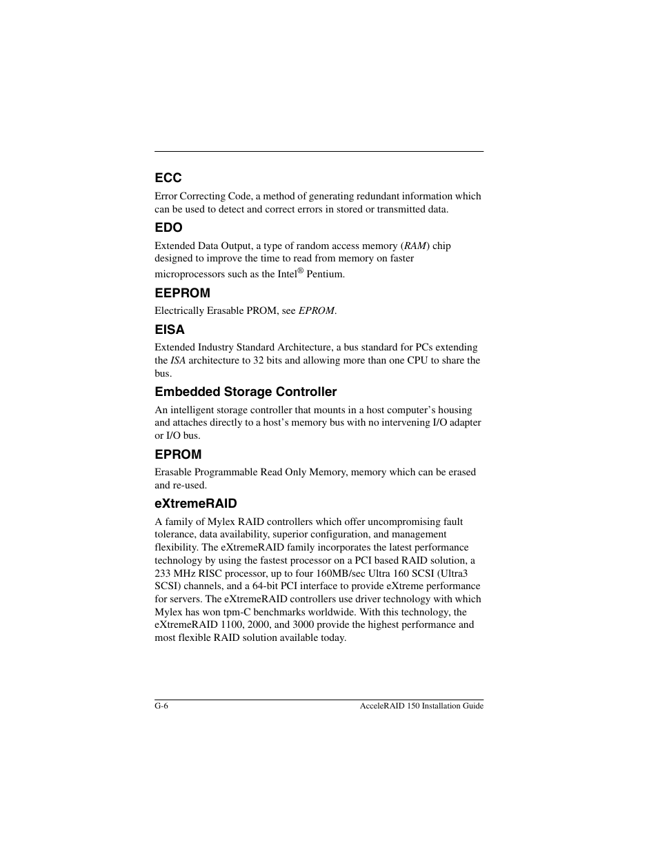 Eeprom, Eisa, Embedded storage controller | Eprom, Extremeraid | Avago Technologies AcceleRAID 150 User Manual | Page 76 / 102