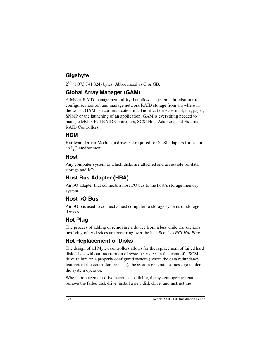 Gigabyte, Global array manager (gam), Host | Host bus adapter (hba), Host i/o bus, Hot plug, Hot replacement of disks | Avago Technologies AcceleRAID 150 User Manual | Page 78 / 102