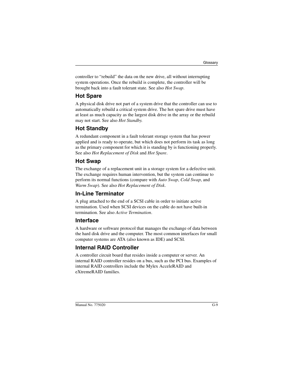 Hot spare, Hot standby, Hot swap | In-line terminator, Interface, Internal raid controller | Avago Technologies AcceleRAID 150 User Manual | Page 79 / 102