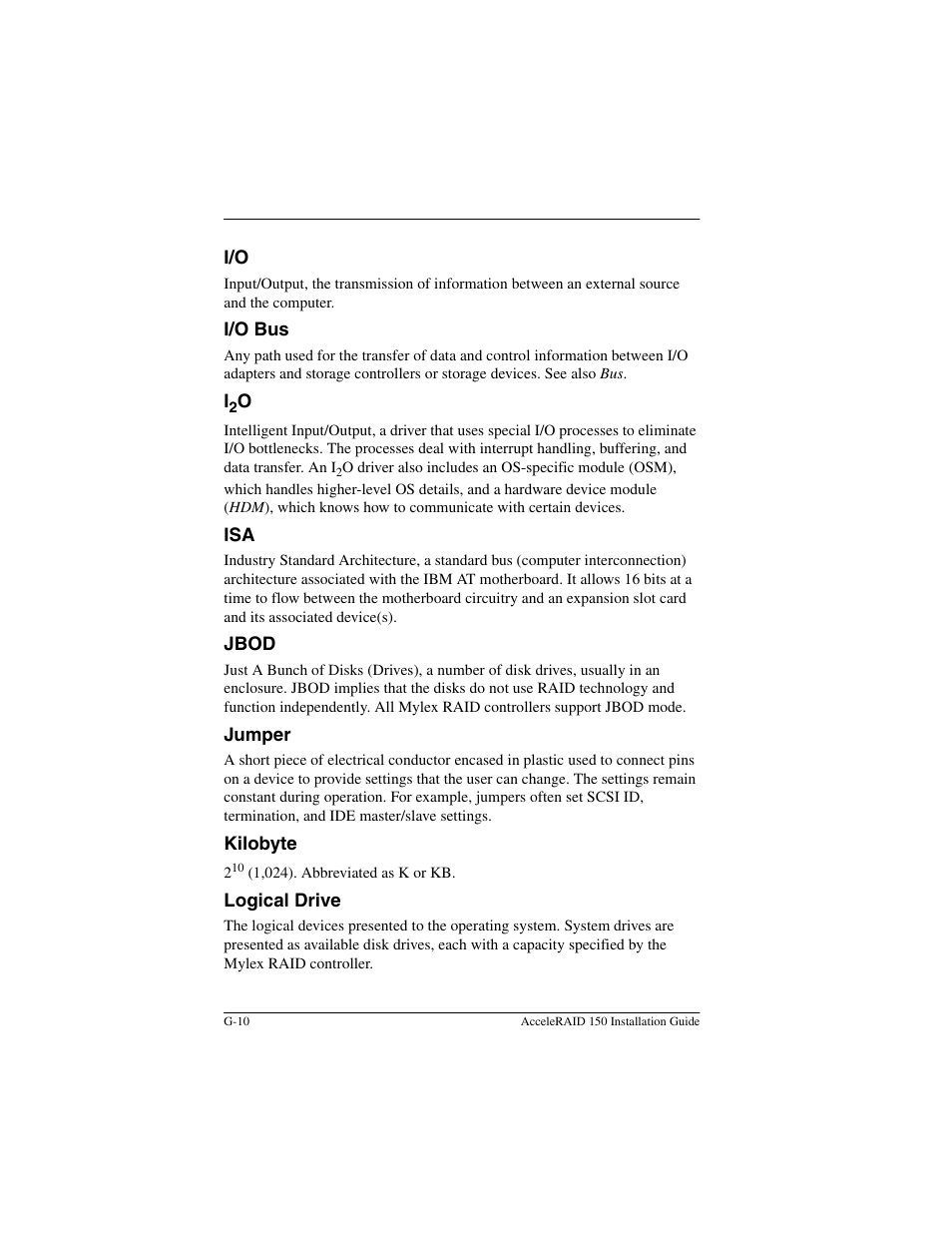 I/o bus, Jbod, Jumper | Kilobyte, Logical drive | Avago Technologies AcceleRAID 150 User Manual | Page 80 / 102