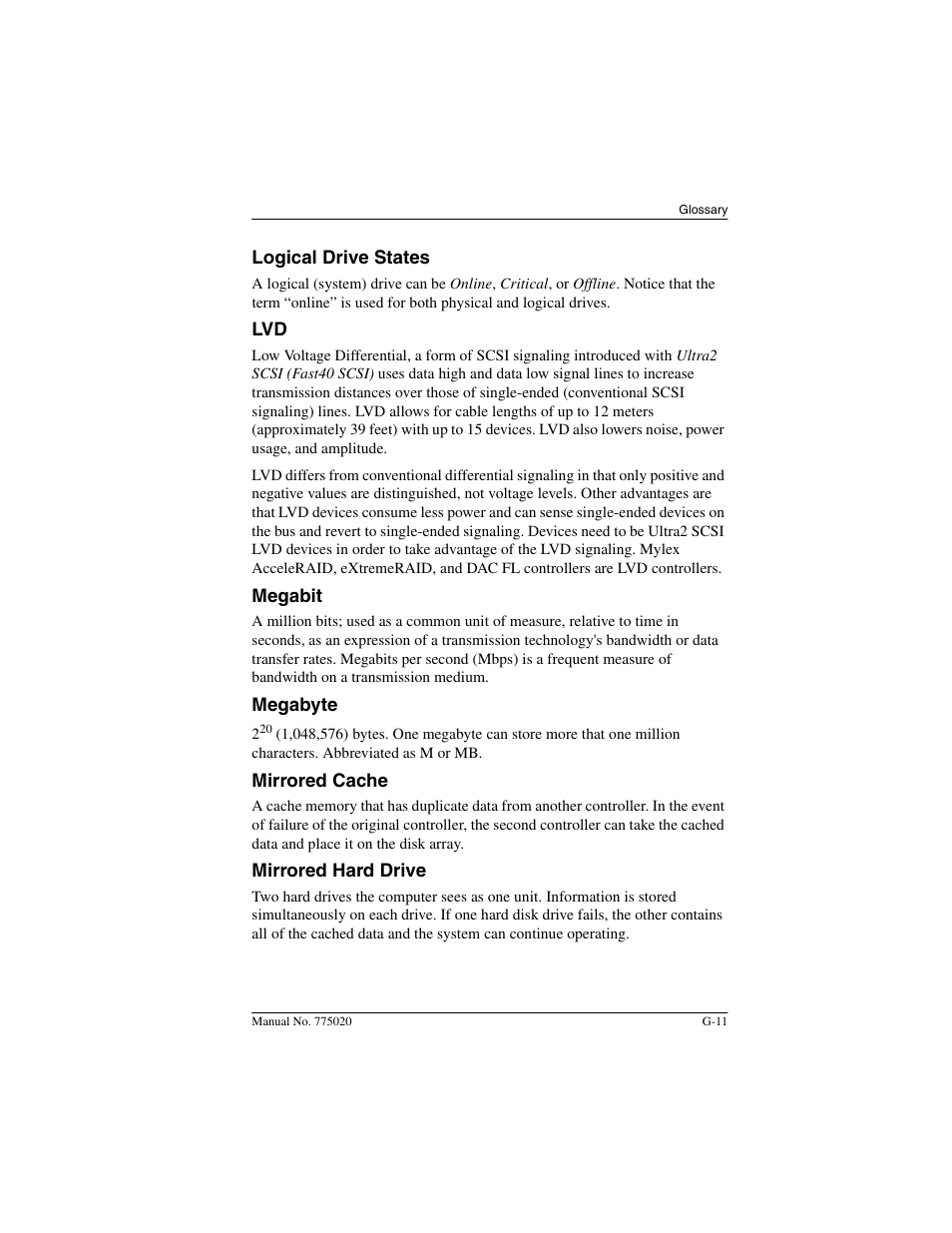 Logical drive states, Megabit, Megabyte | Mirrored cache, Mirrored hard drive | Avago Technologies AcceleRAID 150 User Manual | Page 81 / 102