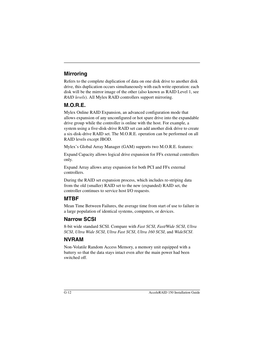 Mirroring, M.o.r.e, Mtbf | Narrow scsi, Nvram | Avago Technologies AcceleRAID 150 User Manual | Page 82 / 102