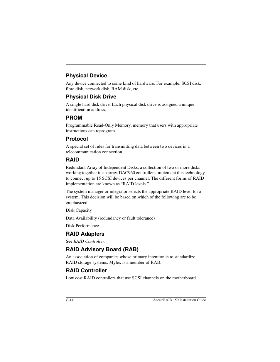 Physical device, Physical disk drive, Prom | Protocol, Raid, Raid adapters, Raid advisory board (rab), Raid controller | Avago Technologies AcceleRAID 150 User Manual | Page 84 / 102