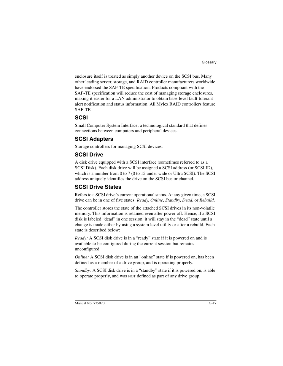 Scsi, Scsi adapters, Scsi drive | Scsi drive states | Avago Technologies AcceleRAID 150 User Manual | Page 87 / 102