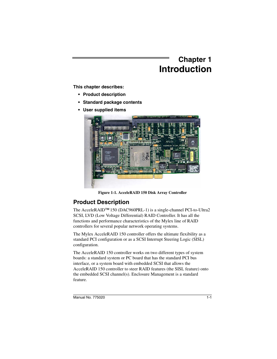 Chapter 1: introduction, Product description, Chapter 1 | Introduction, Product description -1 | Avago Technologies AcceleRAID 150 User Manual | Page 9 / 102