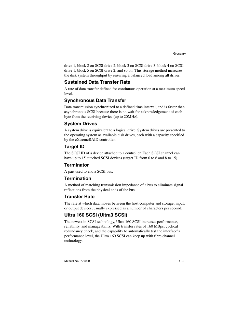 Sustained data transfer rate, Synchronous data transfer, System drives | Target id, Terminator, Termination, Transfer rate, Ultra 160 scsi (ultra3 scsi) | Avago Technologies AcceleRAID 150 User Manual | Page 91 / 102