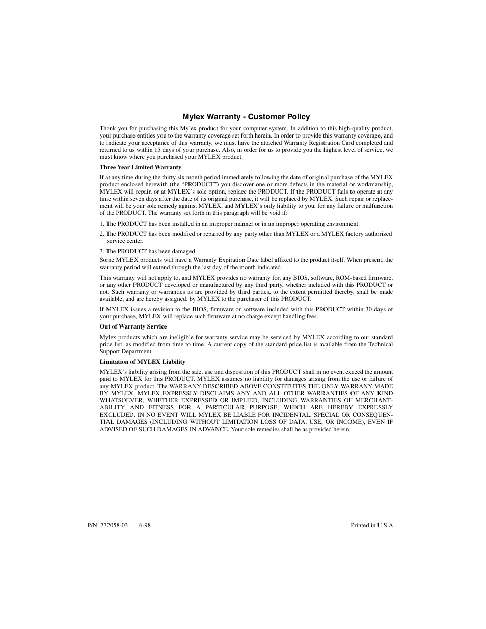 Mylex warranty - customer policy | Avago Technologies AcceleRAID 150 User Manual | Page 99 / 102