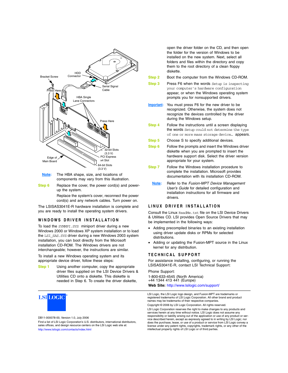 Windows driver installation, Linux driver installation, Technical support | Avago Technologies LSI SAS 3041E-R User Manual | Page 2 / 2