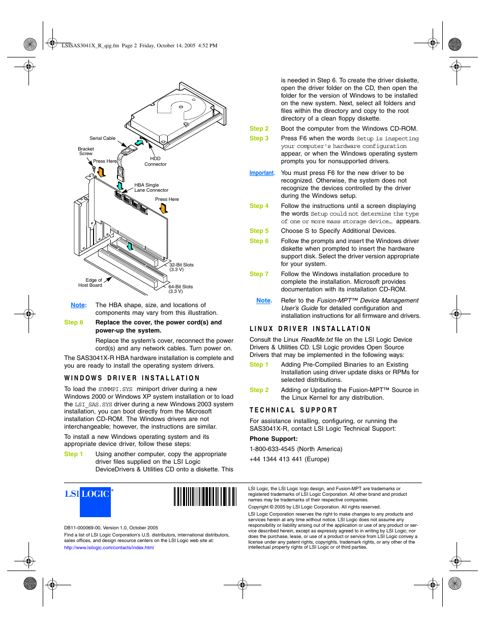 Head1 - windows driver installation, Head1 - linux driver installation, Head1 - technical support | Head2 - phone support | Avago Technologies LSI SAS 3041X-R User Manual | Page 2 / 2