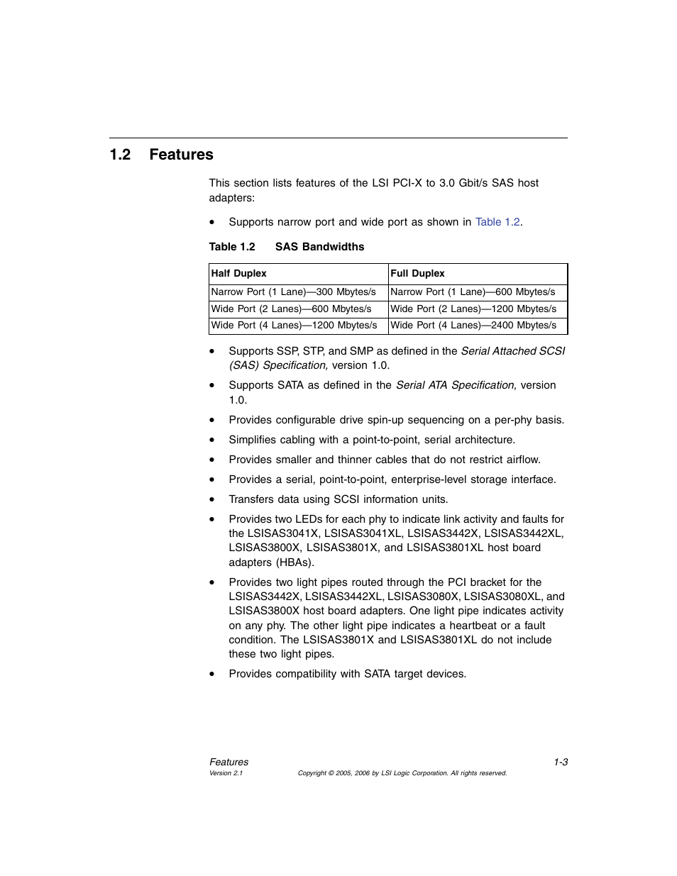 2 features, Features, Sas bandwidths | Section 1.2, “features | Avago Technologies LSI SAS 3041X-R User Manual | Page 17 / 40