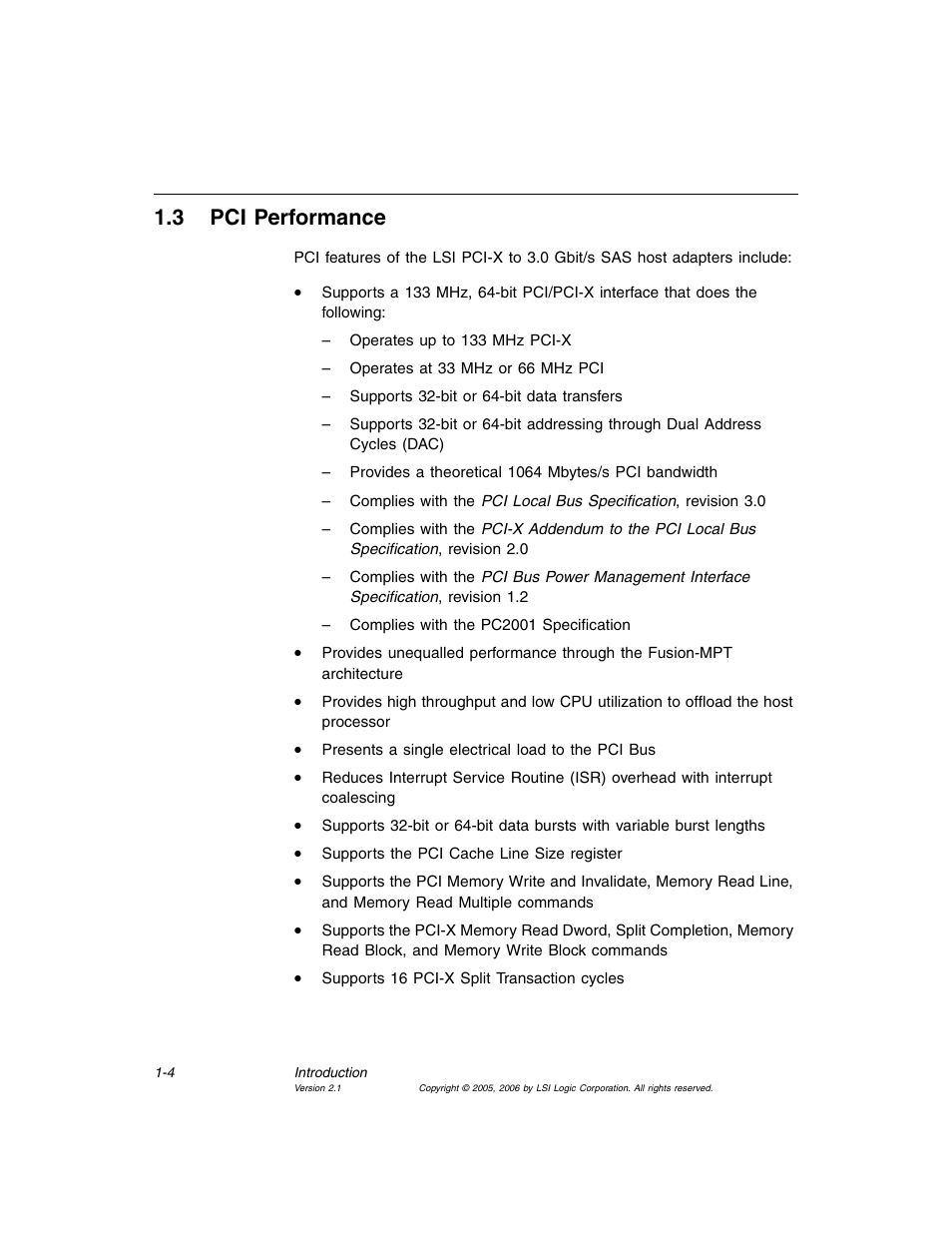 3 pci performance, Pci performance, Section 1.3, “pci performance | Avago Technologies LSI SAS 3041X-R User Manual | Page 18 / 40