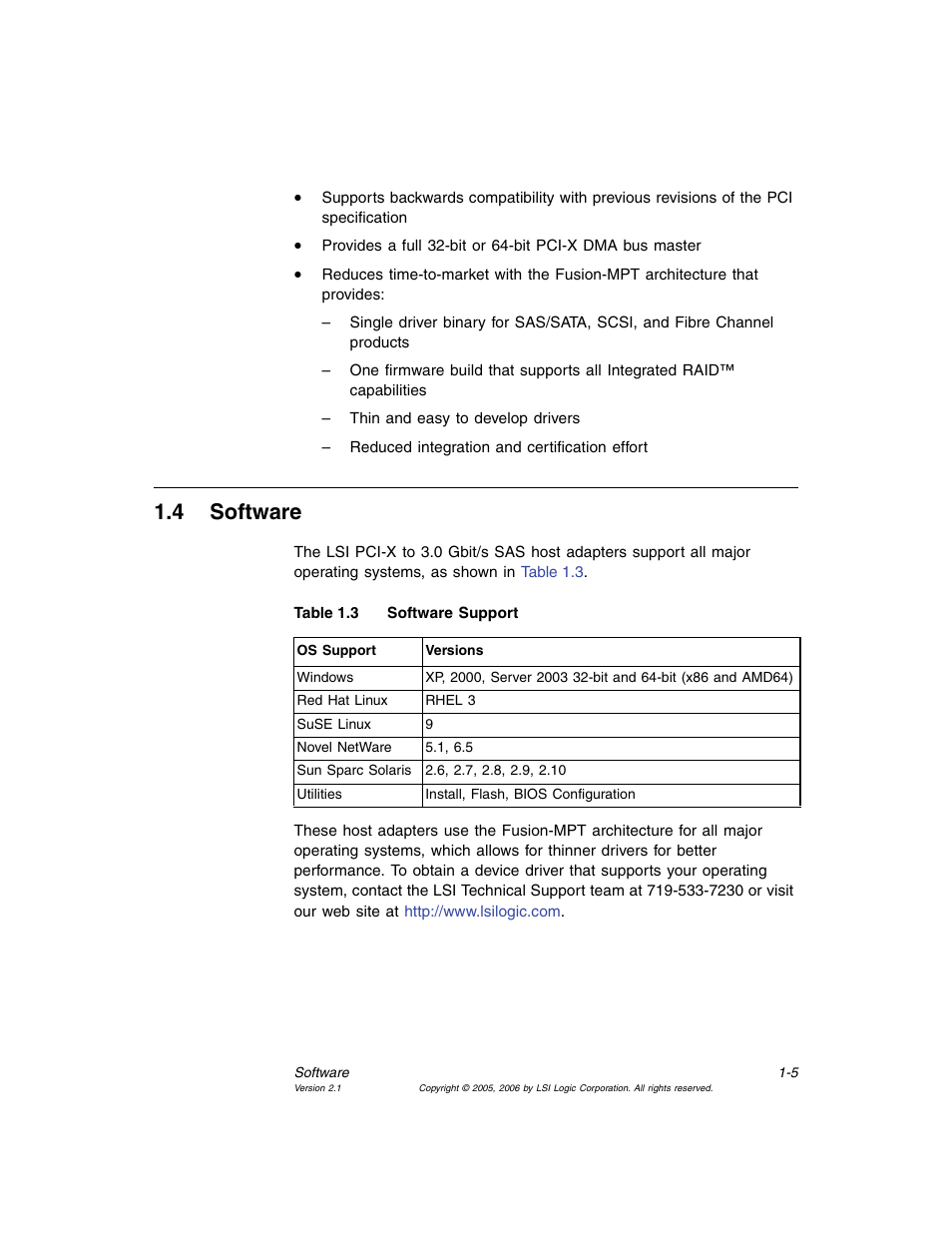 4 software, Software, Software support | Section 1.4, “software | Avago Technologies LSI SAS 3041X-R User Manual | Page 19 / 40