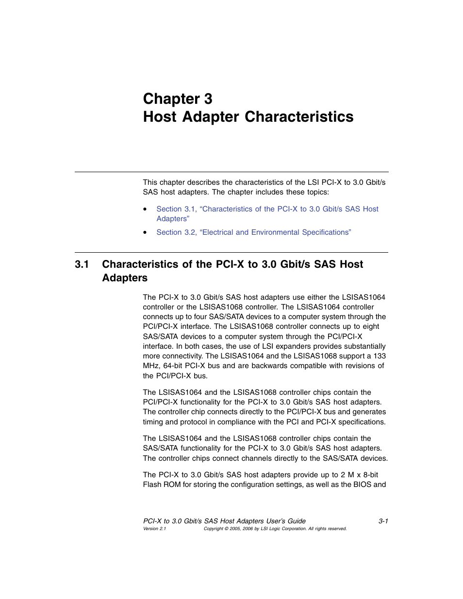 Chapter3 host adapter characteristics, Chapter 3, host adapter characteristics, Chapter 3 | Host adapter characteristics, Chapter 3 host adapter characteristics | Avago Technologies LSI SAS 3041X-R User Manual | Page 25 / 40