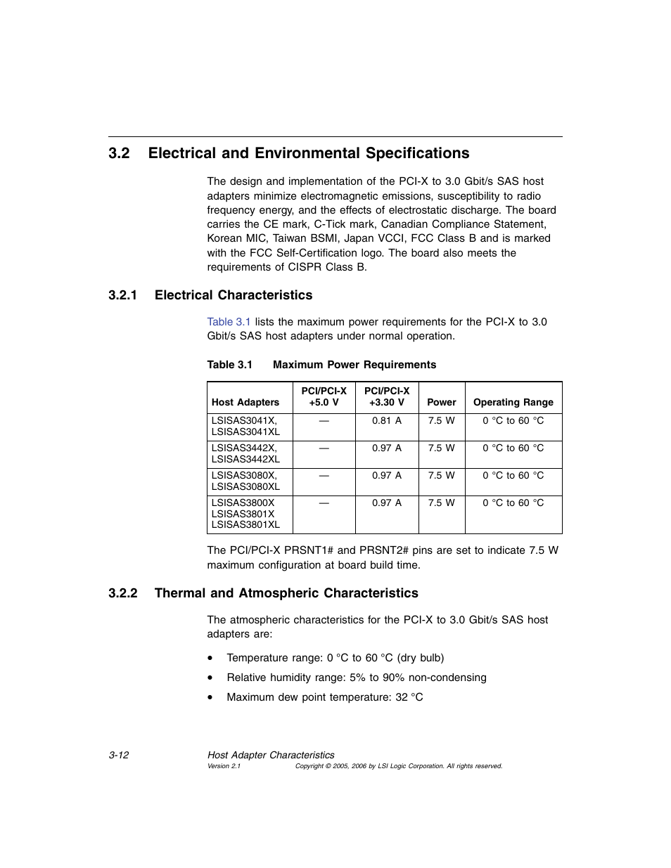 2 electrical and environmental specifications, 1 electrical characteristics, 2 thermal and atmospheric characteristics | Electrical and environmental specifications, Electrical characteristics, Thermal and atmospheric characteristics, Maximum power requirements | Avago Technologies LSI SAS 3041X-R User Manual | Page 36 / 40