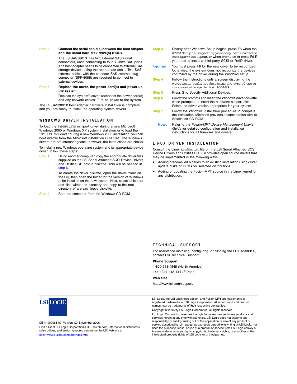 Windows driver installation, Linux driver installation, Technical support | Phone support, Web site | Avago Technologies LSI SAS 3801X User Manual | Page 2 / 2