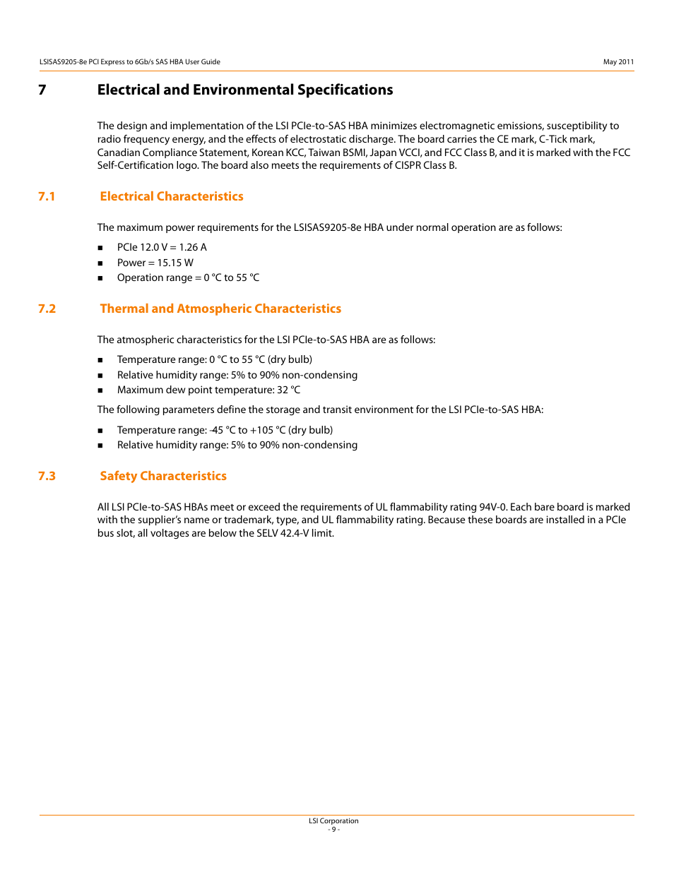 7 electrical and environmental specifications, 7electrical and environmental specifications, 1 electrical characteristics | 2 thermal and atmospheric characteristics, 3 safety characteristics | Avago Technologies LSI SAS 9205-8e User Manual | Page 11 / 12