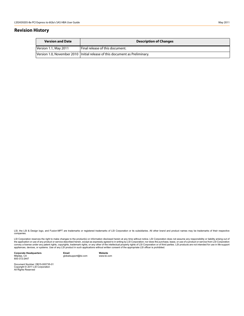 Revision history | Avago Technologies LSI SAS 9205-8e User Manual | Page 2 / 12