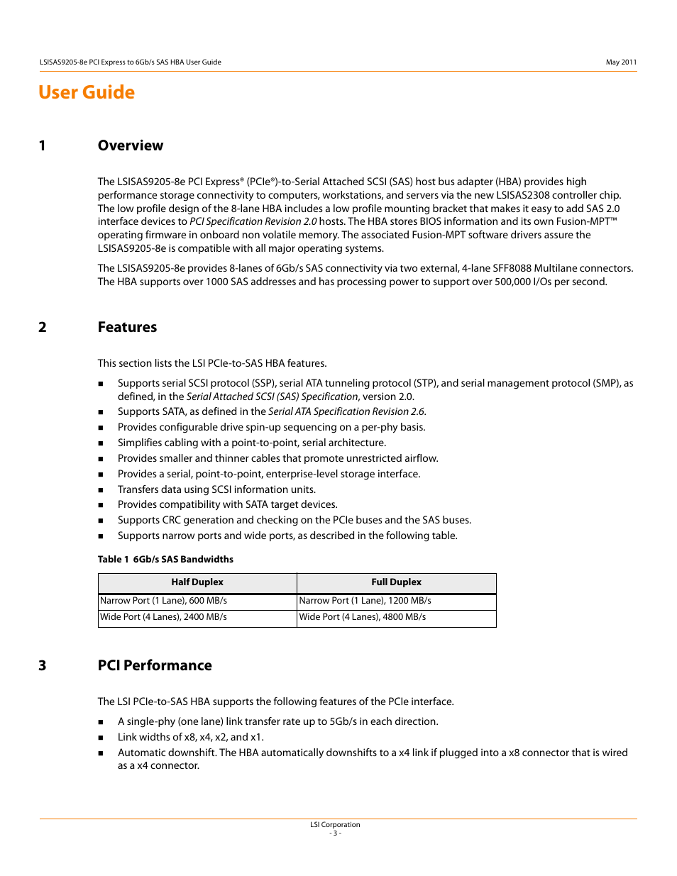 1 overview 2 features 3 pci performance, User guide, 1overview | 2features, 3pci performance | Avago Technologies LSI SAS 9205-8e User Manual | Page 5 / 12