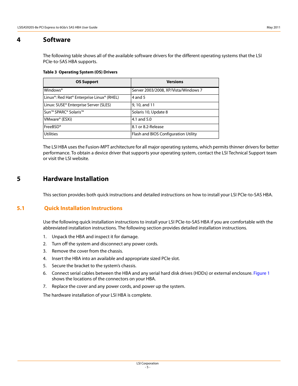 4 software 5 hardware installation, 1 quick installation instructions, 4software | 5hardware installation | Avago Technologies LSI SAS 9205-8e User Manual | Page 7 / 12