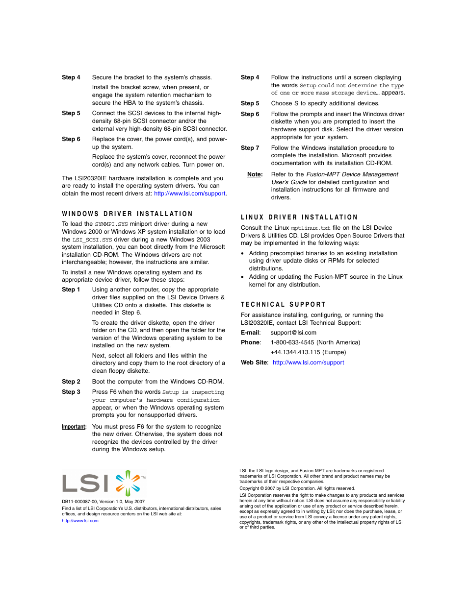 Windows driver installation, Linux driver installation, Technical support | Avago Technologies LSI20320IE User Manual | Page 2 / 2
