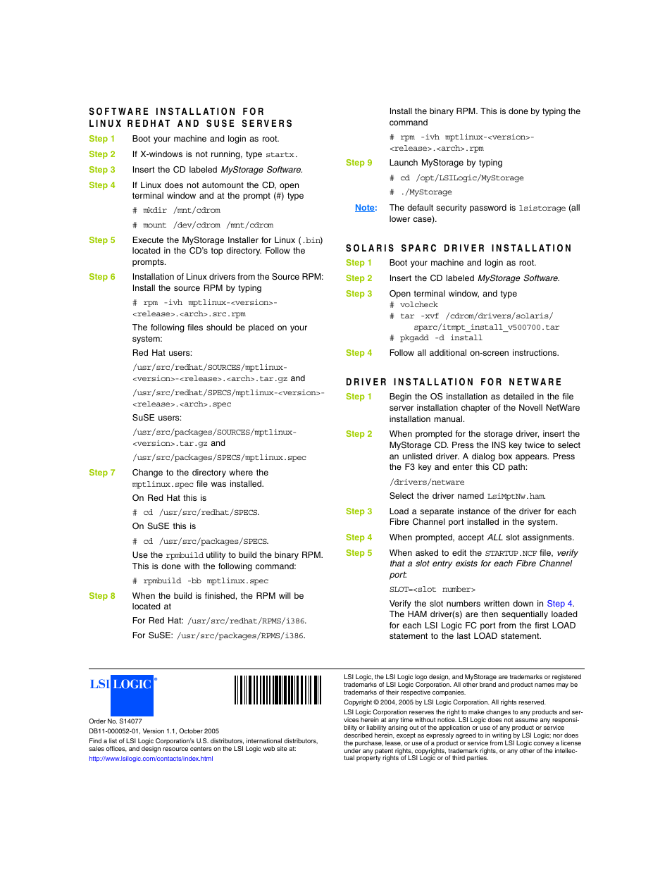 Solaris sparc driver installation, Driver installation for netware | Avago Technologies LSI7102XP-LC User Manual | Page 2 / 2