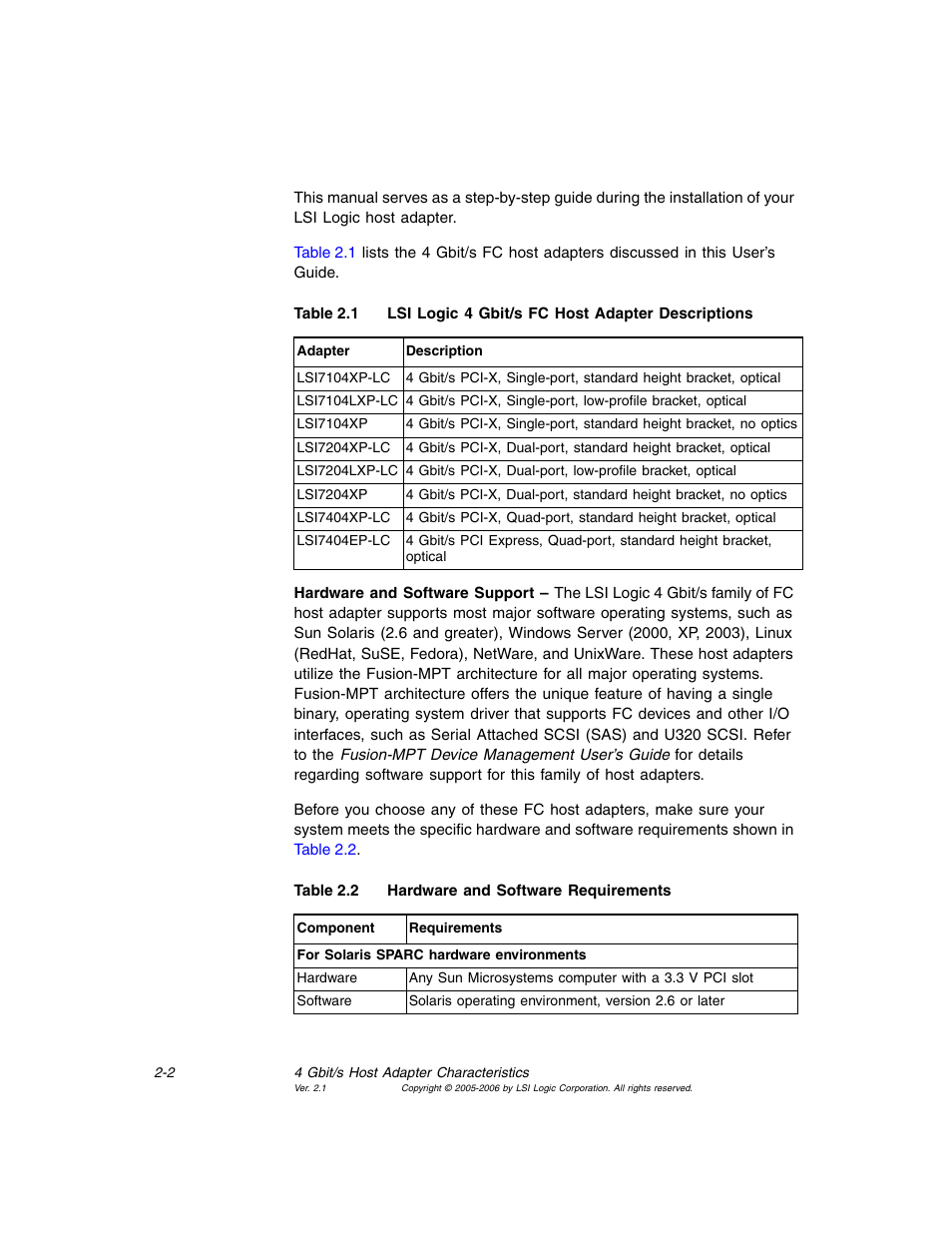 Lsi logic 4 gbit/s fc host adapter descriptions, Hardware and software requirements | Avago Technologies LSI7104EP-LC User Manual | Page 22 / 76