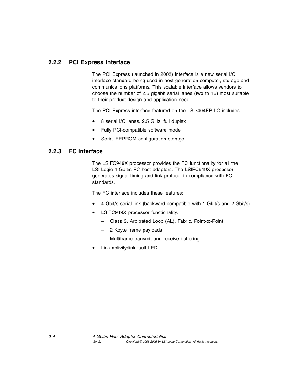 2 pci express interface, 3 fcinterface, Pci express interface | Fc interface, 3 fc interface | Avago Technologies LSI7104EP-LC User Manual | Page 24 / 76