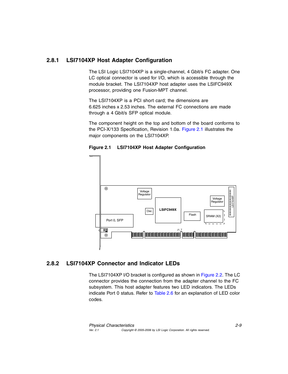 1 lsi7104xp host adapter configuration, 2 lsi7104xp connector and indicator leds, Lsi7104xp host adapter configuration | Lsi7104xp connector and indicator leds | Avago Technologies LSI7104EP-LC User Manual | Page 29 / 76