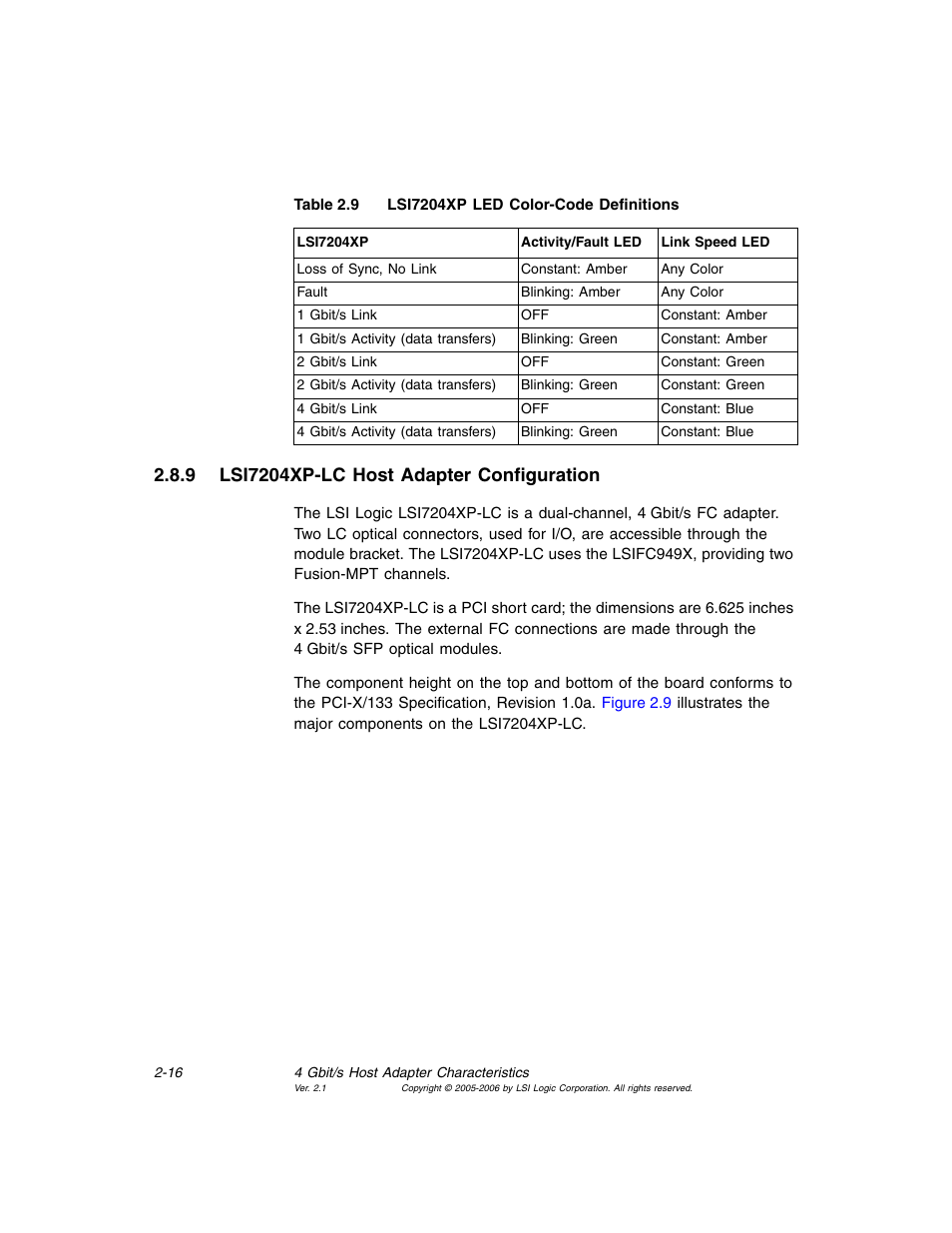 9 lsi7204xp-lc host adapter configuration, Lsi7204xp-lc host adapter configuration, Lsi7204xp led color-code definitions | Table 2.9 | Avago Technologies LSI7104EP-LC User Manual | Page 36 / 76