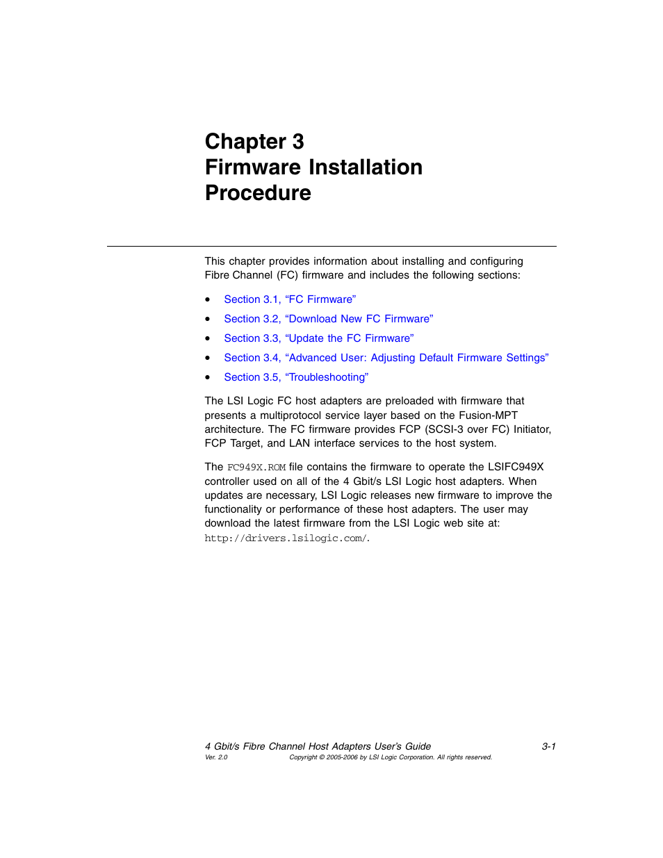 Chapter3 firmware installation procedure, Chapter 3, firmware installation procedure, Desc | Chapter 3 firmware installation procedure | Avago Technologies LSI7104EP-LC User Manual | Page 45 / 76