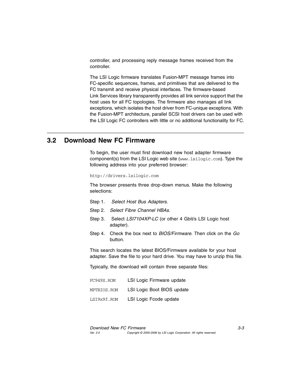 2 download new fc firmware, Download new fc firmware, Section 3.2, “download new fc firmware | Avago Technologies LSI7104EP-LC User Manual | Page 47 / 76