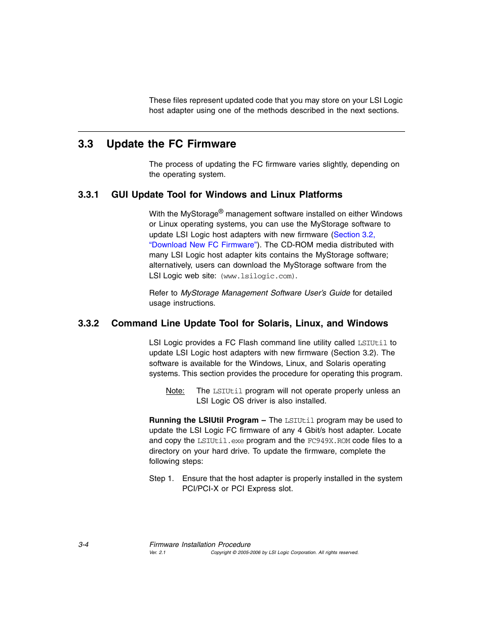 3 update the fc firmware, 1 gui update tool for windows and linux platforms, Update the fc firmware | Gui update tool for windows and linux platforms, Section 3.3, “update the fc firmware | Avago Technologies LSI7104EP-LC User Manual | Page 48 / 76