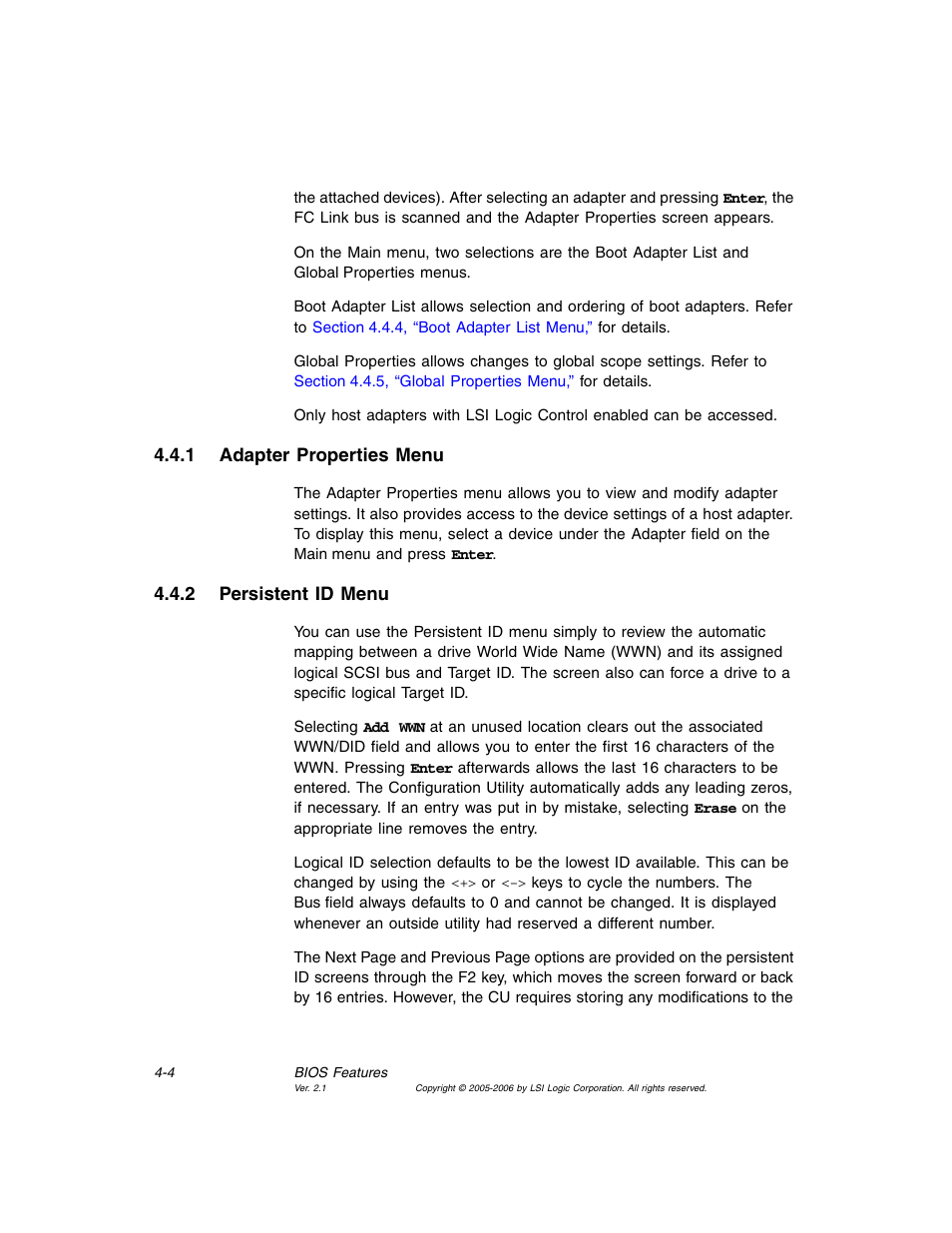 1 adapter properties menu, 2 persistent id menu, Adapter properties menu | Persistent id menu | Avago Technologies LSI7104EP-LC User Manual | Page 60 / 76