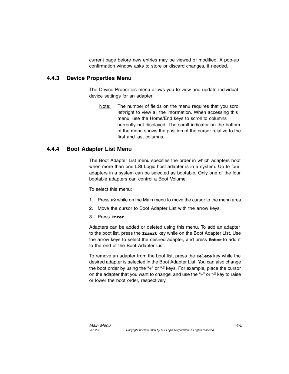 3 device properties menu, 4 boot adapter list menu, Device properties menu | Boot adapter list menu | Avago Technologies LSI7104EP-LC User Manual | Page 61 / 76