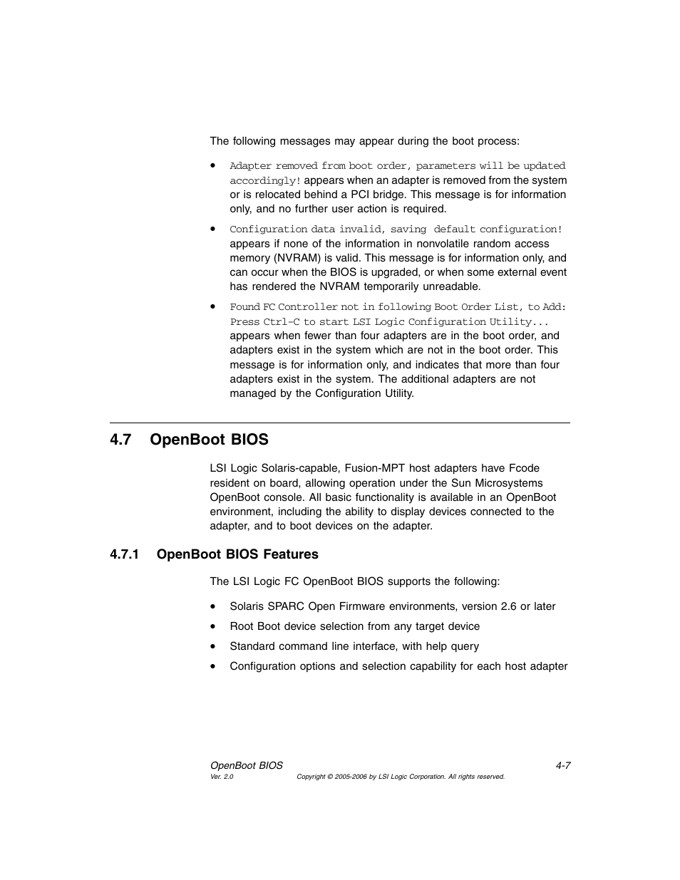 7 openboot bios, 1 openboot bios features, Openboot bios | Openboot bios features, Section 4.7, “openboot bios | Avago Technologies LSI7104EP-LC User Manual | Page 63 / 76