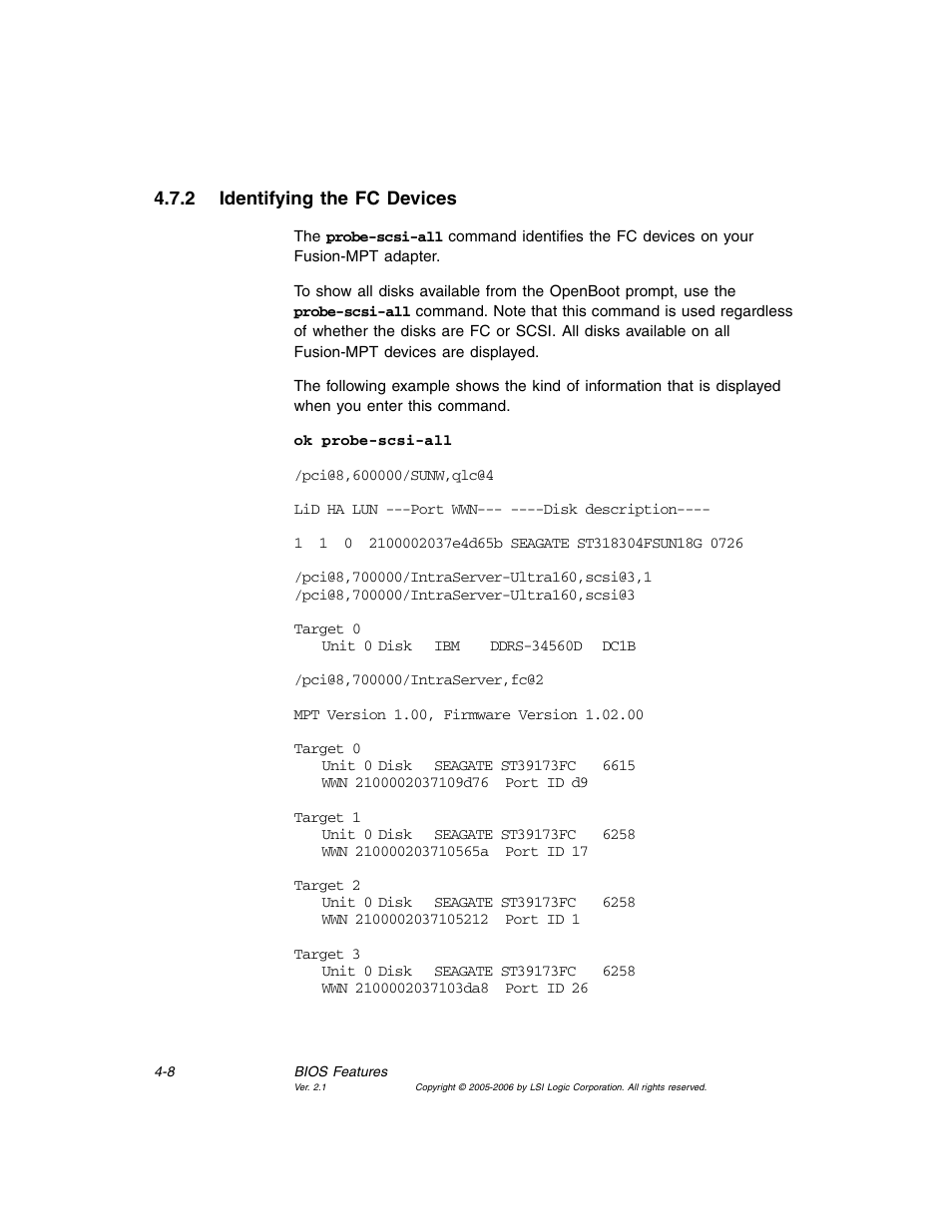 2 identifying the fc devices, Identifying the fc devices | Avago Technologies LSI7104EP-LC User Manual | Page 64 / 76