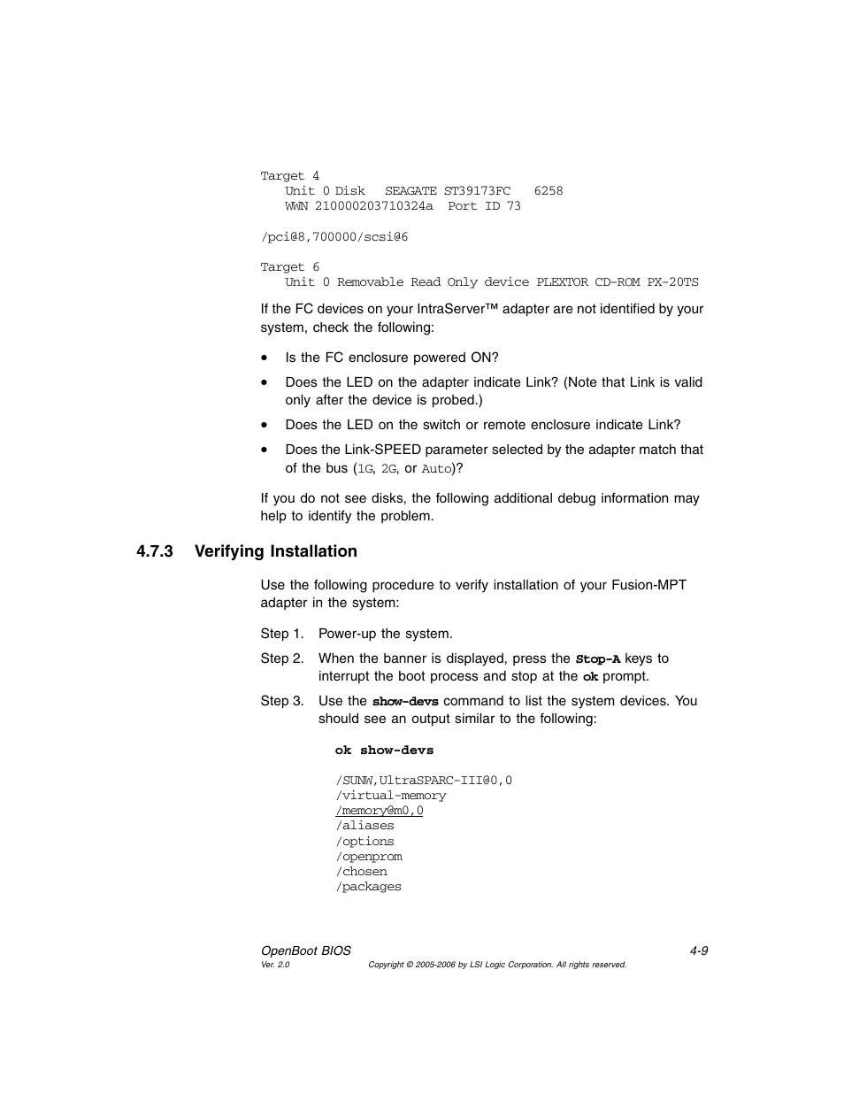 3 verifying installation, Verifying installation | Avago Technologies LSI7104EP-LC User Manual | Page 65 / 76