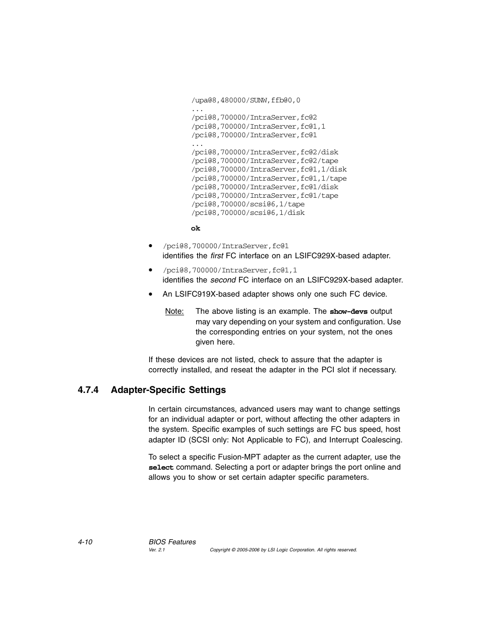 4 adapter-specific settings, Adapter-specific settings | Avago Technologies LSI7104EP-LC User Manual | Page 66 / 76
