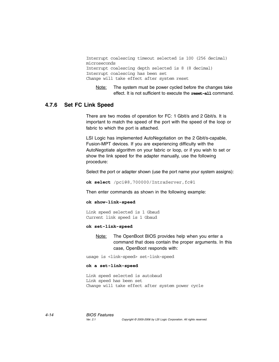 6 set fc link speed, Set fc link speed | Avago Technologies LSI7104EP-LC User Manual | Page 70 / 76