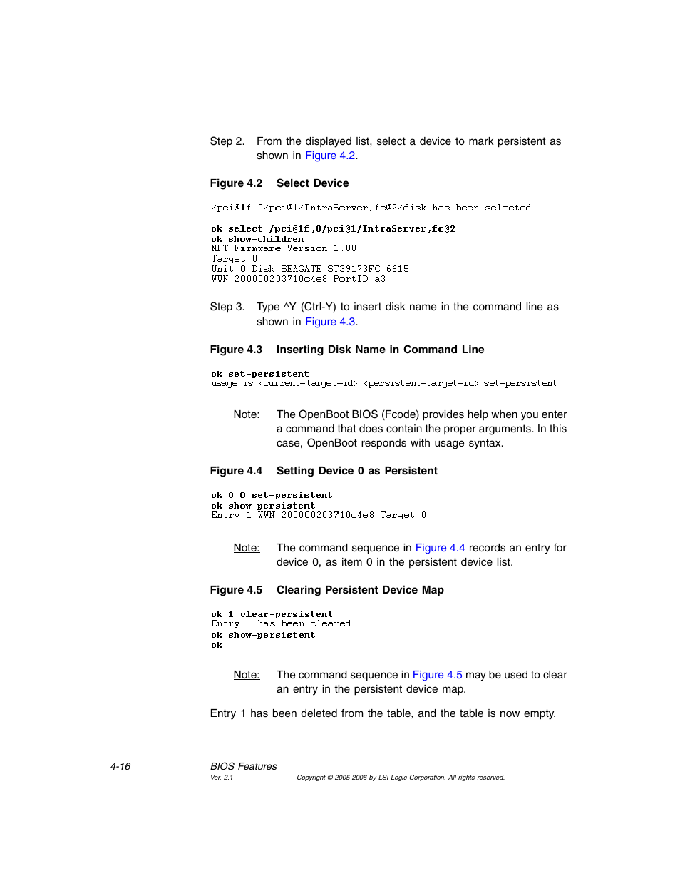 Select device, Inserting disk name in command line, Setting device 0 as persistent | Clearing persistent device map | Avago Technologies LSI7104EP-LC User Manual | Page 72 / 76