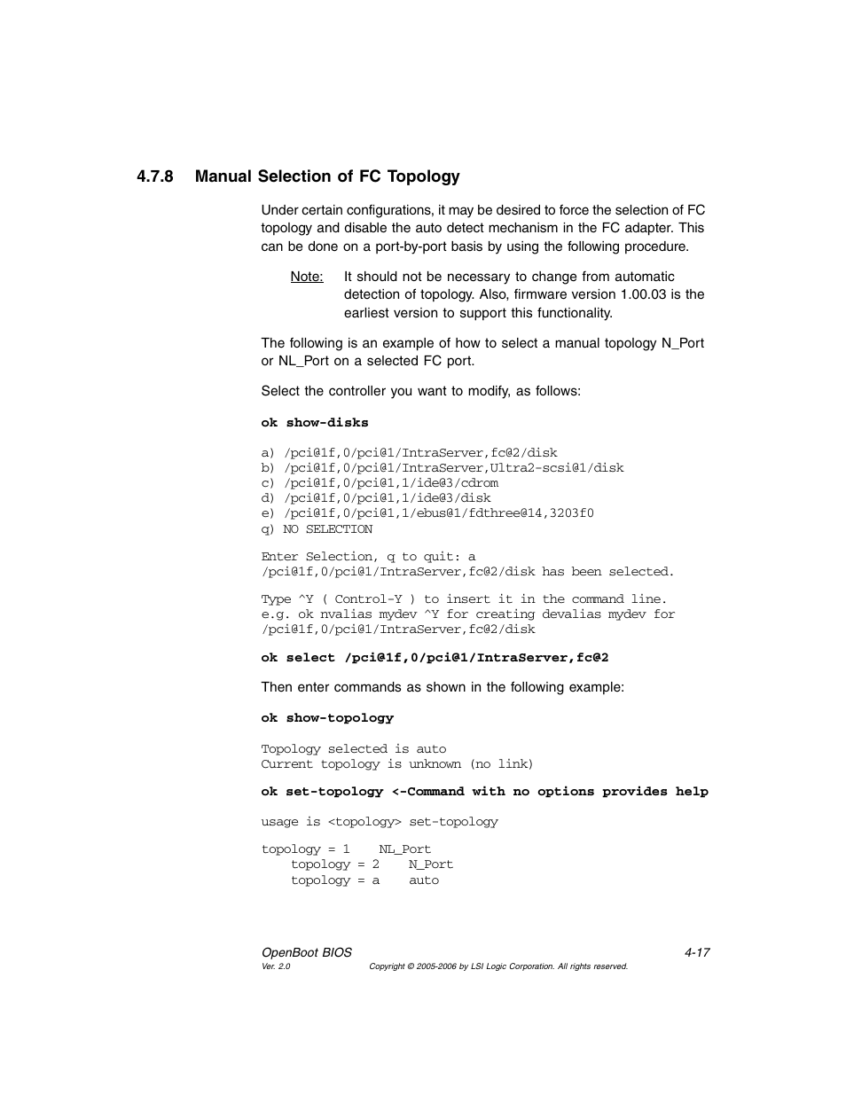 8 manual selection of fc topology, Manual selection of fc topology | Avago Technologies LSI7104EP-LC User Manual | Page 73 / 76