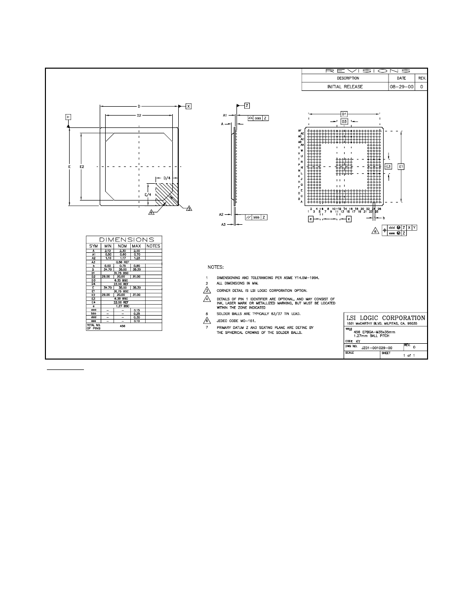 Figure6.42 lsi53c1000r 456 bga mechanical drawing, Lsi53c1000r 456 bga mechanical drawing, Figure 6.42 | Avago Technologies LSI53C1000R User Manual | Page 360 / 388