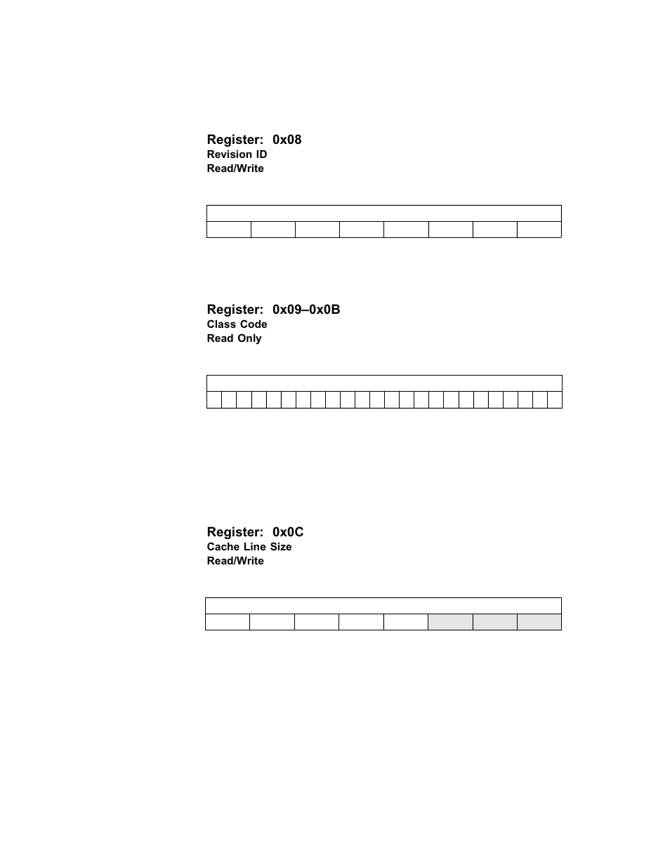 Cache line size, Cache, Line size | Class code, Revision id, Register: 0x08, Register: 0x0c | Avago Technologies LSI53C1030 User Manual | Page 93 / 170