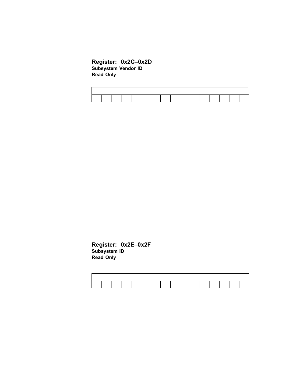 Subsystem id, Subsystem vendor id, Register: 0x2c–0x2d | Register: 0x2e–0x2f | Avago Technologies LSI53C1030 User Manual | Page 98 / 170