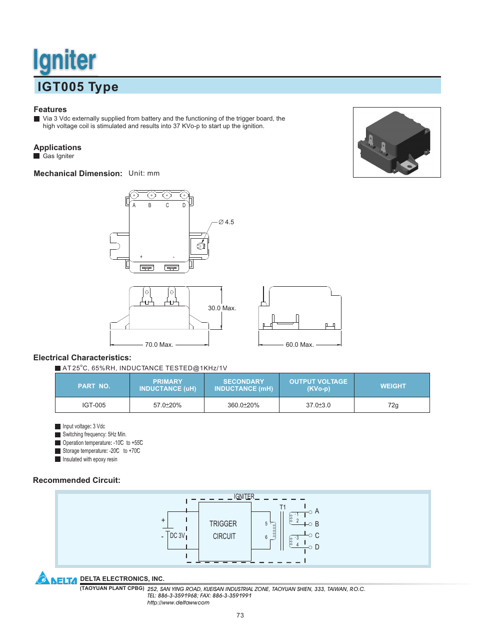 Delta Electronics Igniter IGT005 User Manual | 1 page