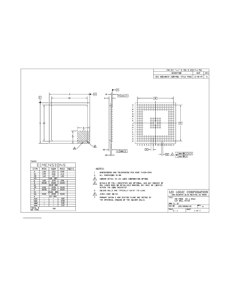 2 lsi53c140 192-ball pbga mechanical drawing, Lsi53c140 192-ball pbga mechanical drawing, Ball pbga (ij, i2) mechanical drawing | Avago Technologies LSI53C140 User Manual | Page 60 / 82